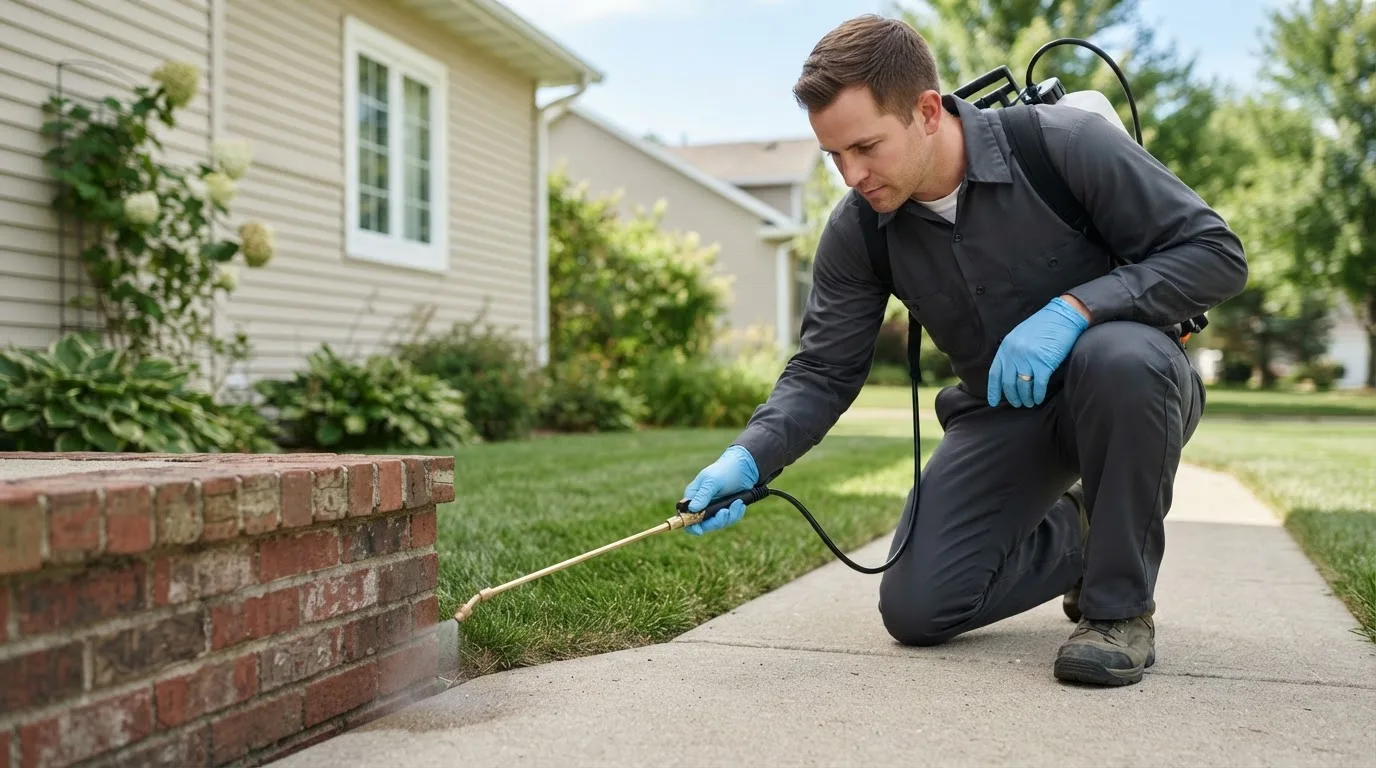 Pest control technician treating a home near Troutdale, OR